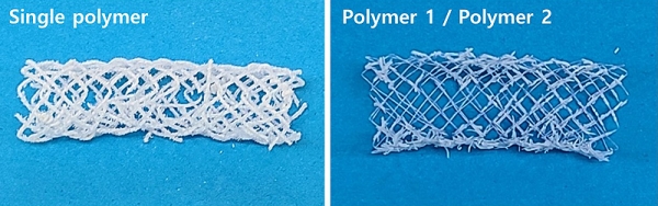 한층으로 된 필라멘트로 엮은 자가 팽창형 생분해성 스텐트는 생분해 과정에서 필라멘트가 부러지면서 스텐트가 뭉겨지는 현상이 보이고 있다. (왼쪽) 반면 실험 16주차가 지난 생분해성 소화기계 스텐트. 바깥층은 녹아서 벗겨지고 있으나 아직 분해가 되지 않은 중심층은 지속적으로 스텐트 형태를 유지하고 있다.