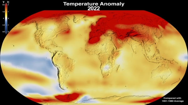 미 항공우주국(NASA)는 미 해양대기청(NOAA)과 함께 매년 기후온난화 세계지도를 그림으로 발표한다. 2022년까지 9년동안 역사상 가장 뜨거운 날씨가 이어졌다. 사진=NASA 글로벌기후위기 사이트