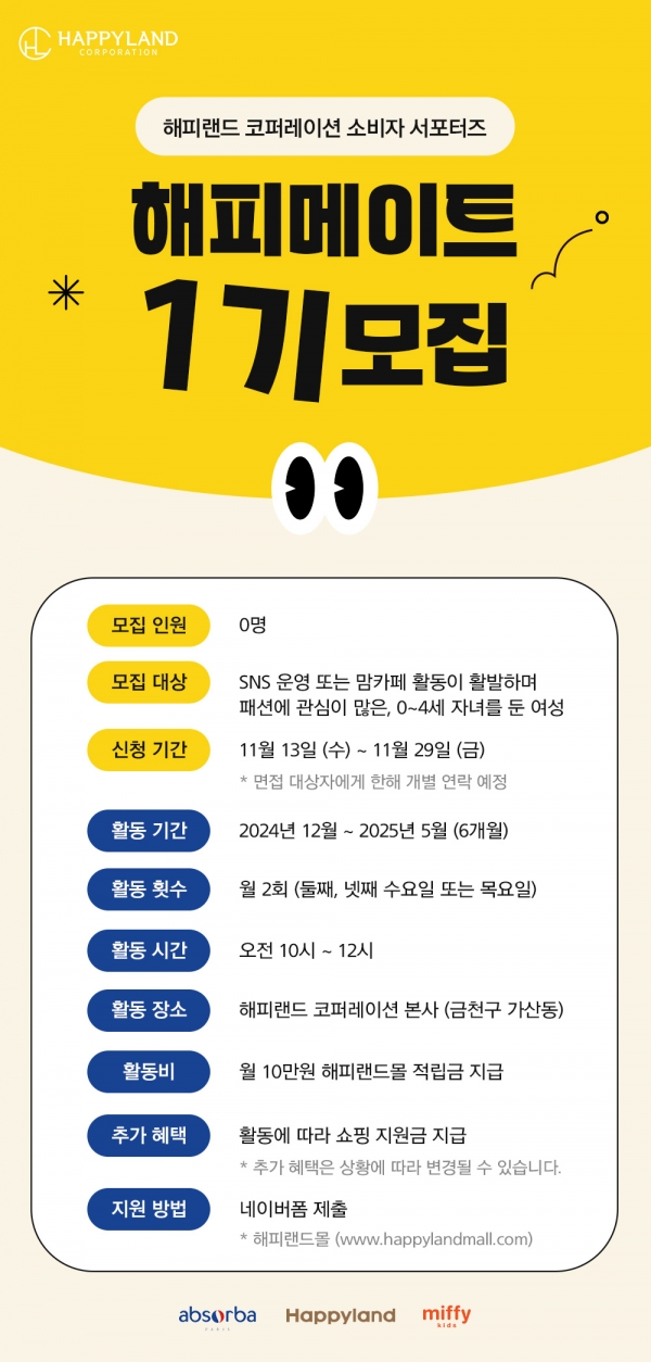 해피랜드 코퍼레이션이 소비자 서포터즈 '해피 메이트' 1기를 모집한다고 밝혔다.