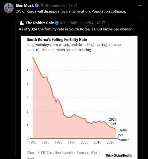 일론 머스크가 엑스에 게재한 한국 합계출산율 그래프. 사진=일론머스크X